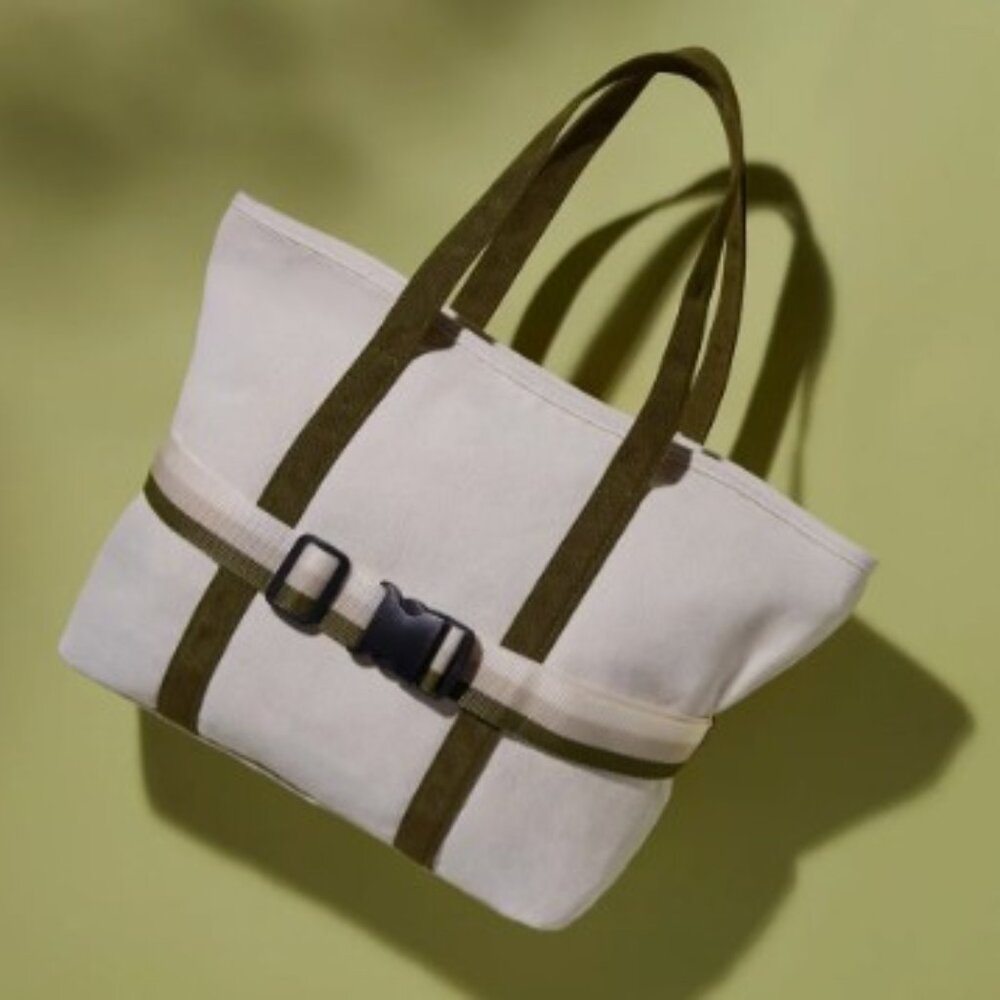 DSW Ivory/Green Canvas Tote Bag with Travel Band NWT